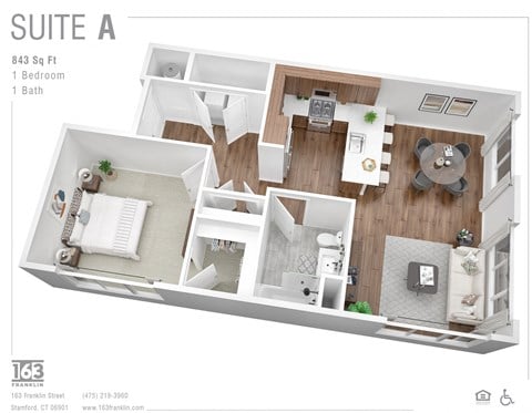 Floor plan for 1 bed, 1 bath, 843 sqft